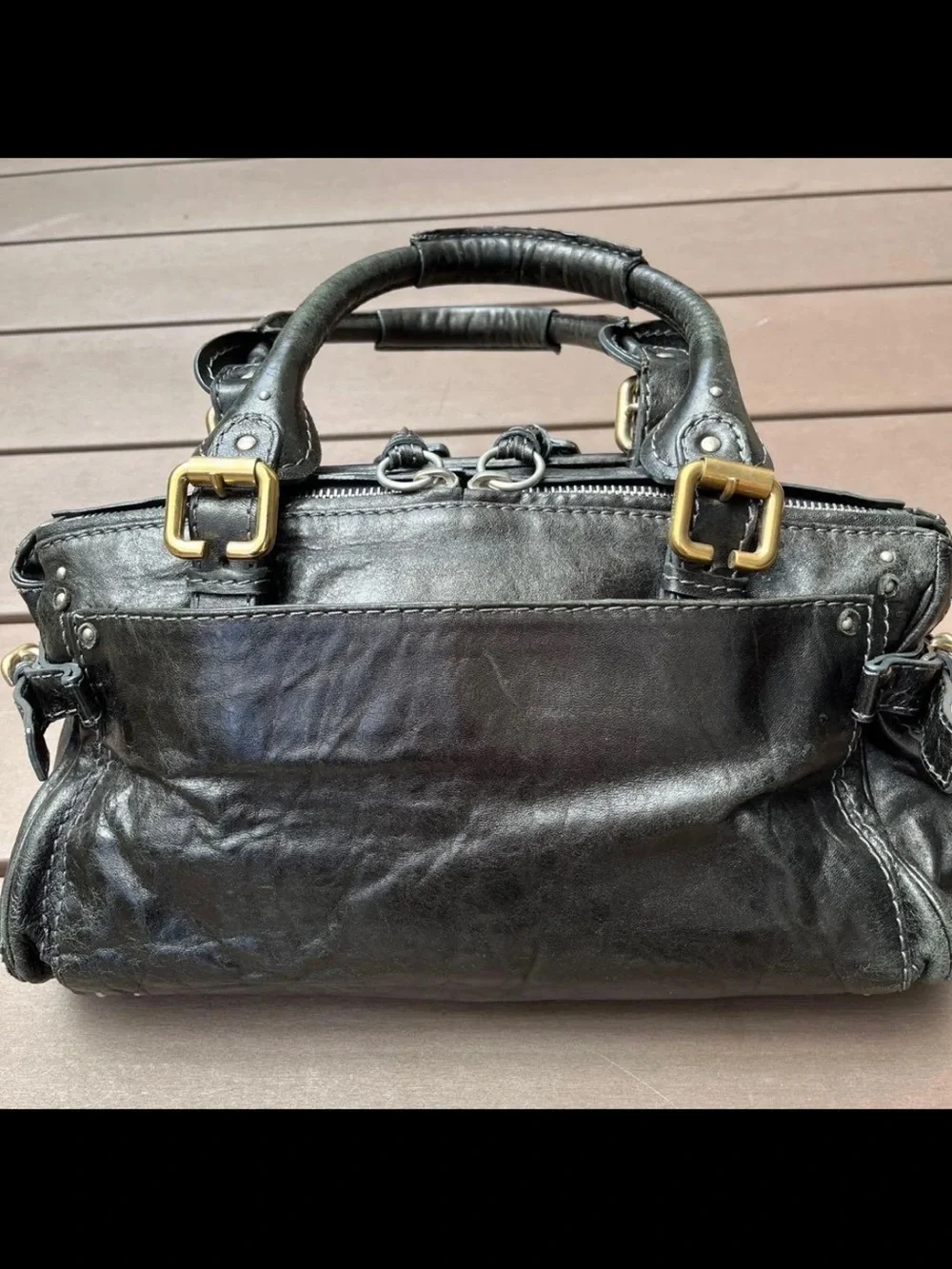 Chloe Black Leather Satchel with Brass Chain Detail